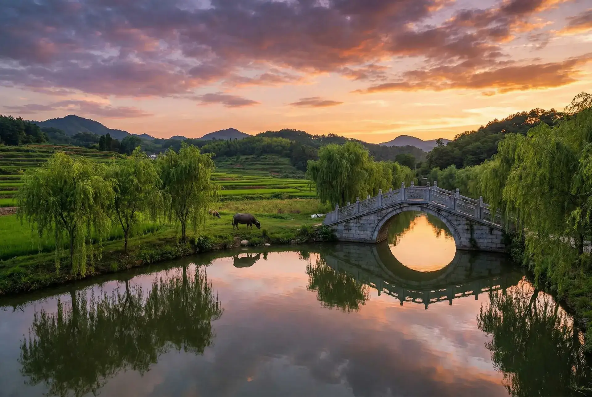 夕阳下的石拱桥与垂柳，水牛在河边吃草 - 色 戒下载 乡村美景